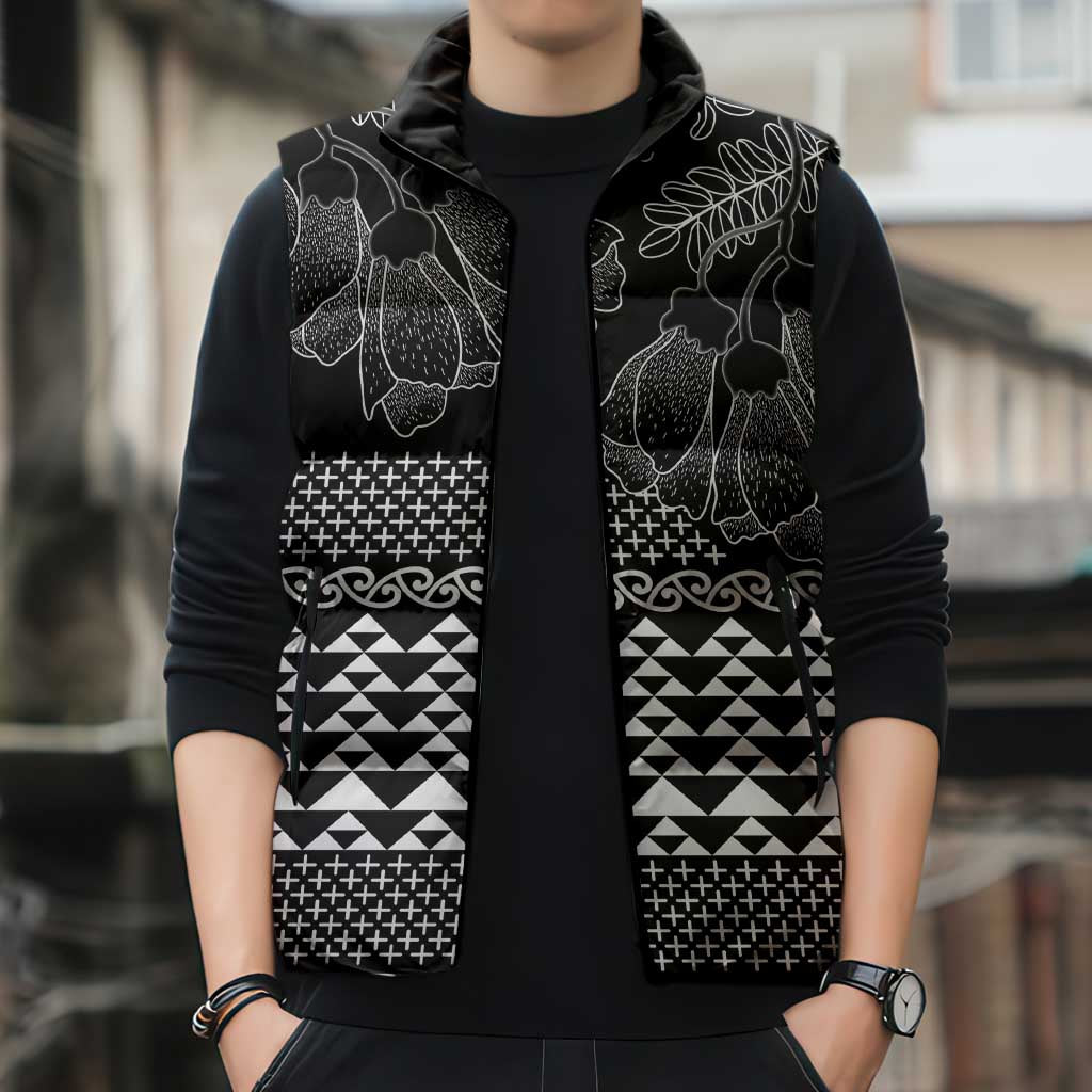 Black Taniko Kowhaiwhai Tukutuku Motif Sleeveless Puffer Jacket LT9 - Polynesian Pride