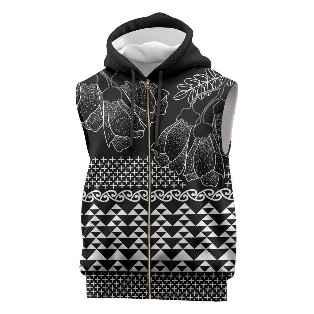 Black Taniko Kowhaiwhai Tukutuku Motif Sleeveless Zip Hoodie - Polynesian Pride