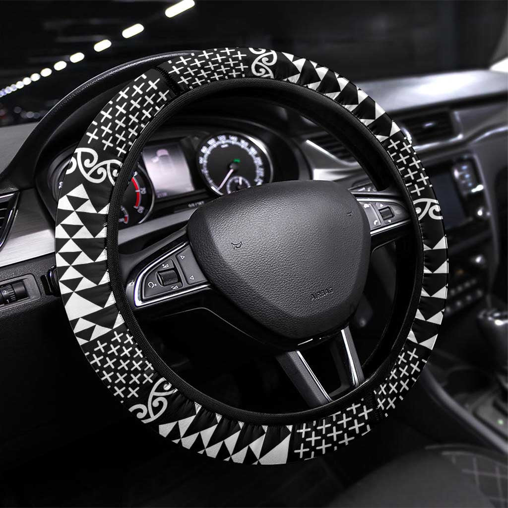 Black Taniko Kowhaiwhai Tukutuku Motif Steering Wheel Cover LT9 Universal Fit Black - Polynesian Pride