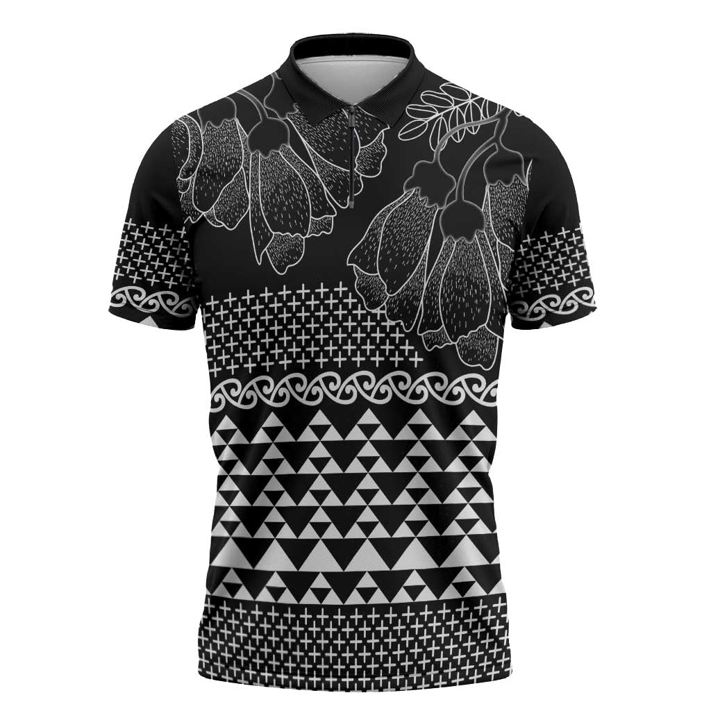Black Taniko Kowhaiwhai Tukutuku Motif Zipper Polo Shirt LT9 Black - Polynesian Pride