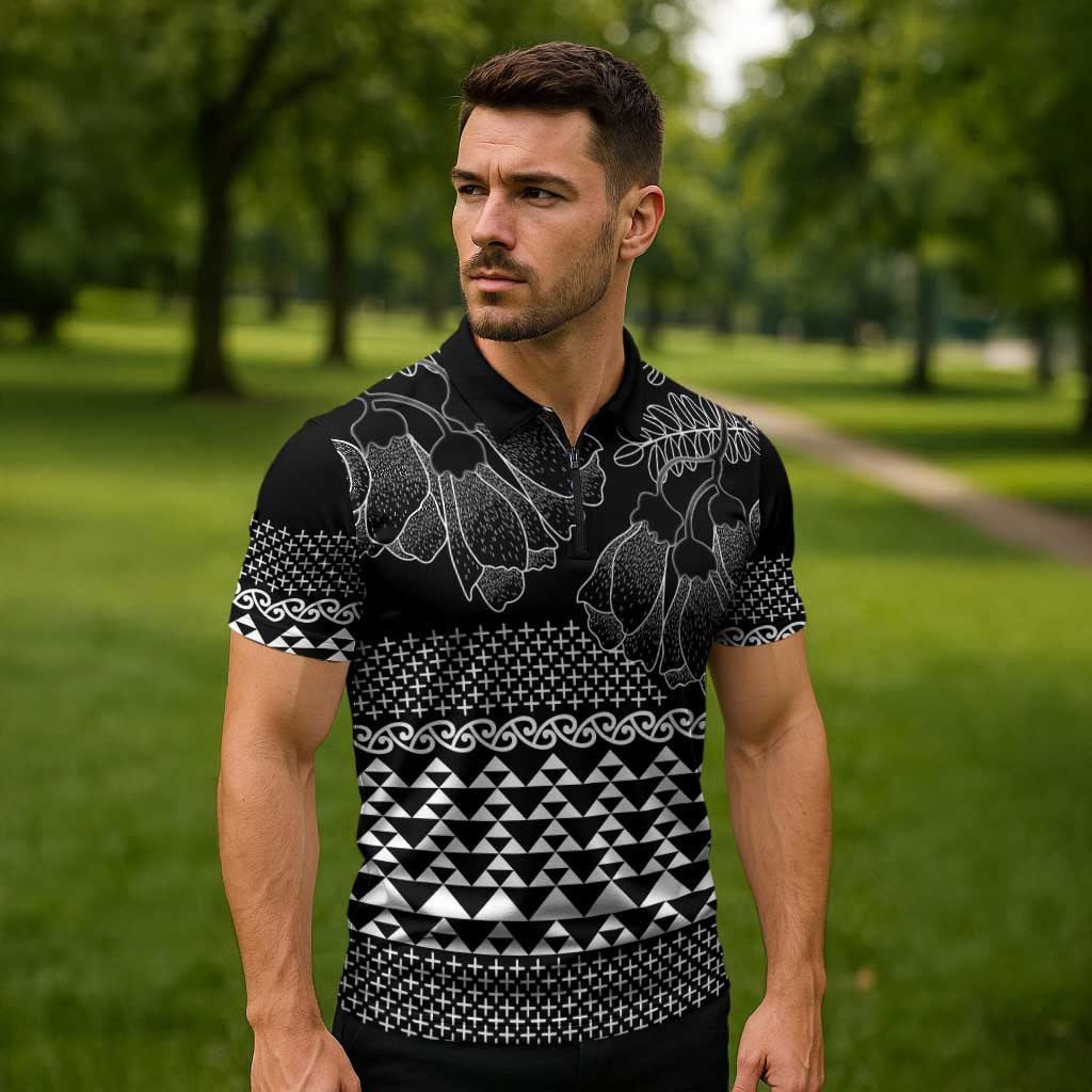 Black Taniko Kowhaiwhai Tukutuku Motif Zipper Polo Shirt LT9 - Polynesian Pride