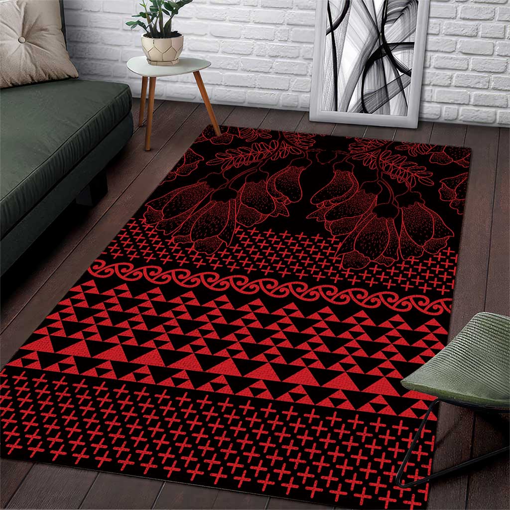 Red Taniko Kowhaiwhai Tukutuku Motif Area Rug