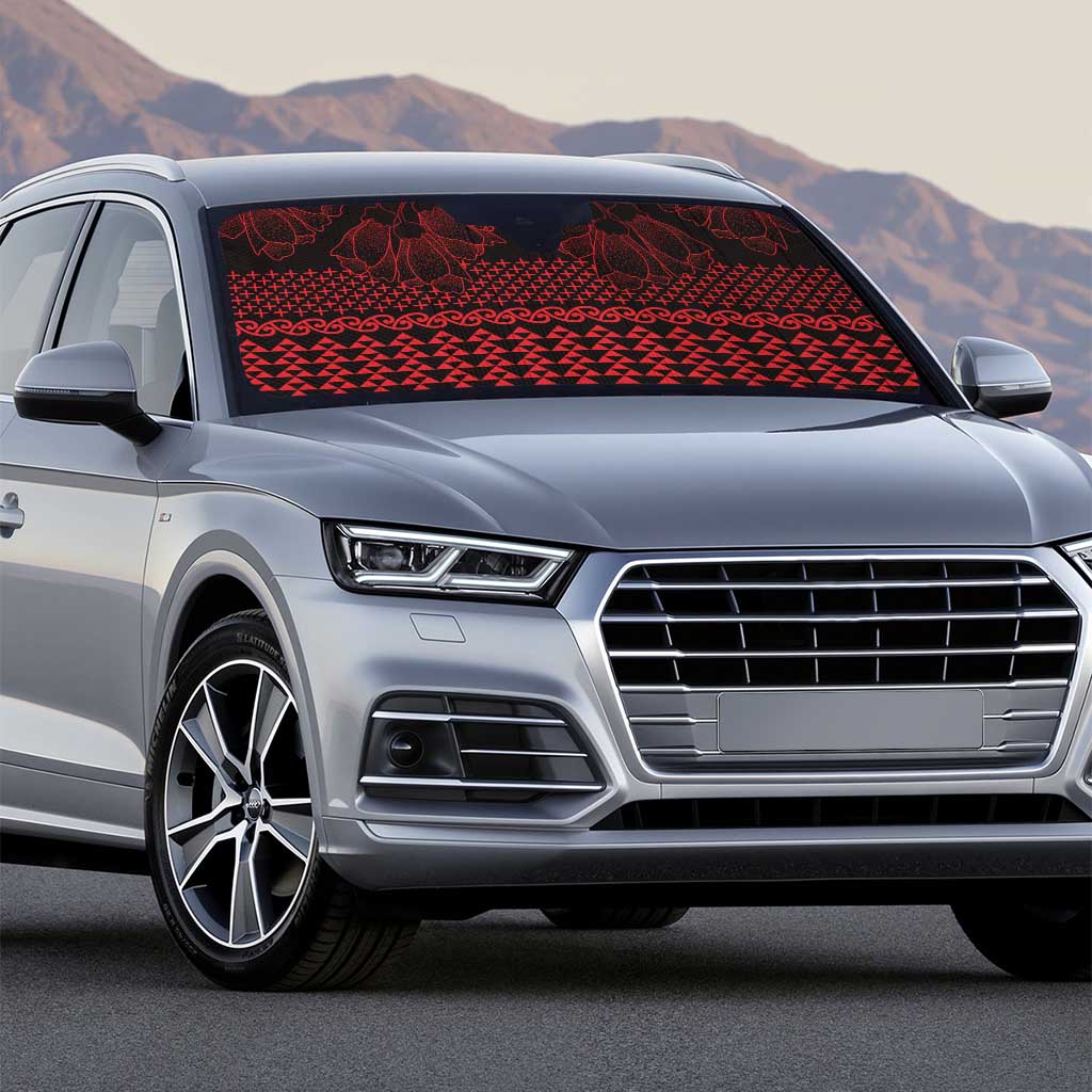 Red Taniko Kowhaiwhai Tukutuku Motif Auto Sun Shade - Polynesian Pride