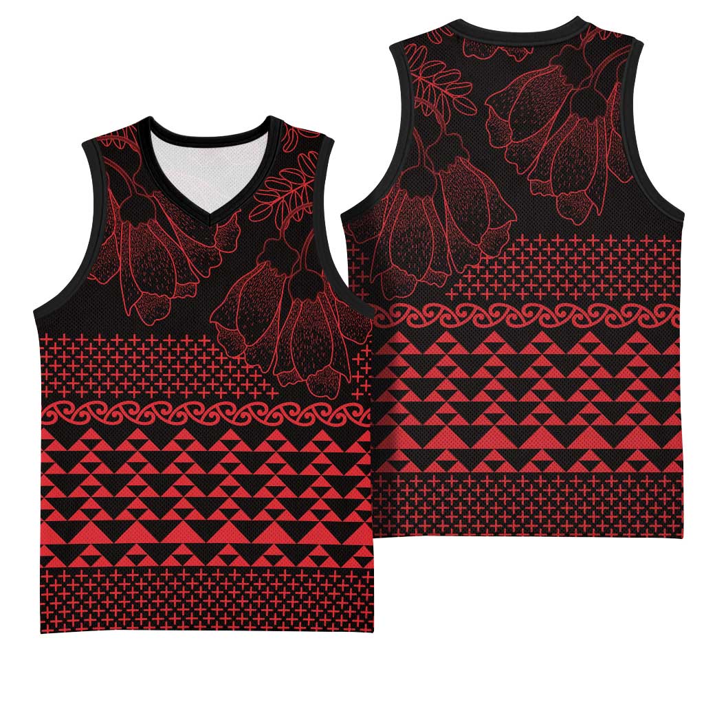 Red Taniko Kowhaiwhai Tukutuku Motif Basketball Jersey LT9 - Polynesian Pride