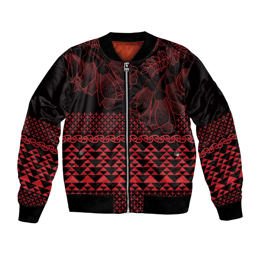 Red Taniko Kowhaiwhai Tukutuku Motif Bomber Jacket