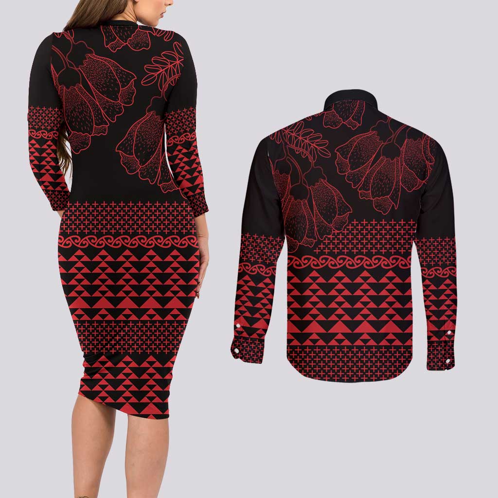 Red Taniko Kowhaiwhai Tukutuku Motif Couples Matching Long Sleeve Bodycon Dress and Long Sleeve Button Shirt