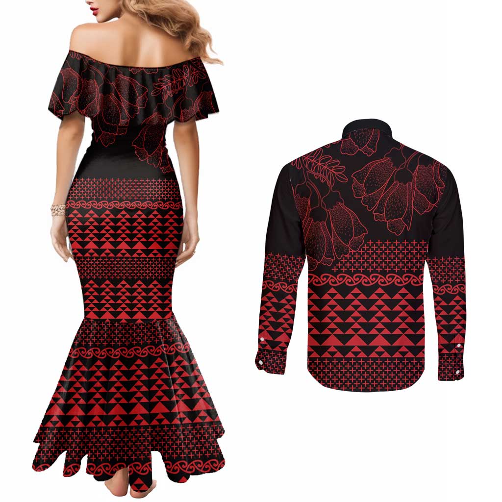Red Taniko Kowhaiwhai Tukutuku Motif Couples Matching Mermaid Dress and Long Sleeve Button Shirt