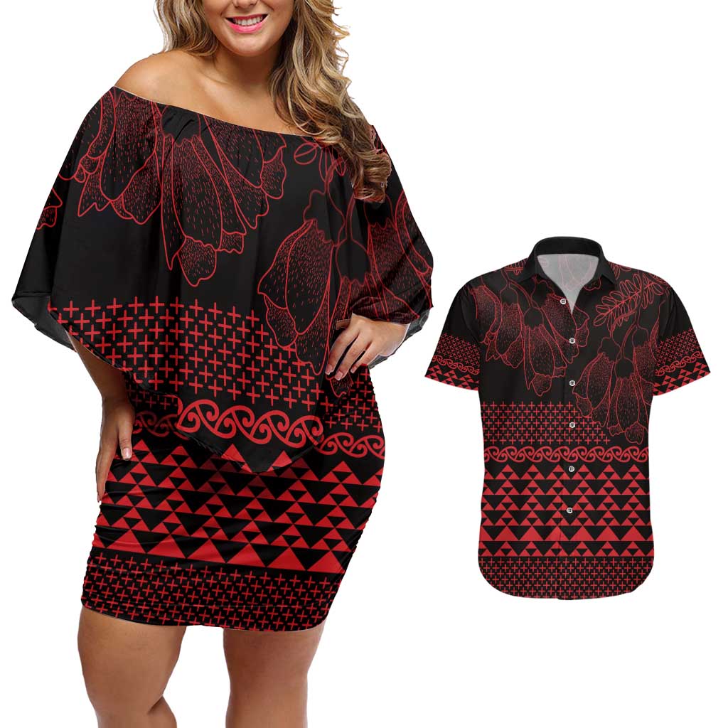 Red Taniko Kowhaiwhai Tukutuku Motif Couples Matching Off Shoulder Short Dress and Hawaiian Shirt LT9 Red - Polynesian Pride