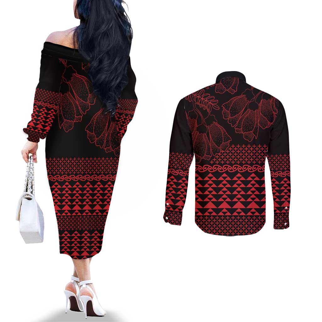 Red Taniko Kowhaiwhai Tukutuku Motif Couples Matching Off The Shoulder Long Sleeve Dress and Long Sleeve Button Shirt