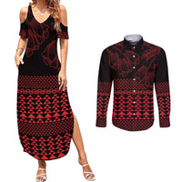 Red Taniko Kowhaiwhai Tukutuku Motif Couples Matching Summer Maxi Dress and Long Sleeve Button Shirt