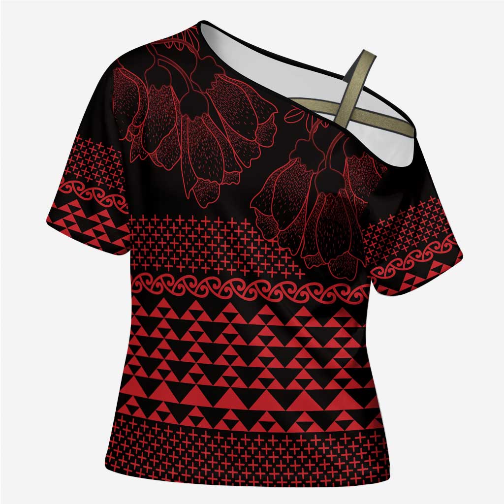 Red Taniko Kowhaiwhai Tukutuku Motif Cross Shoulder Shirt LT9 Female Red - Polynesian Pride