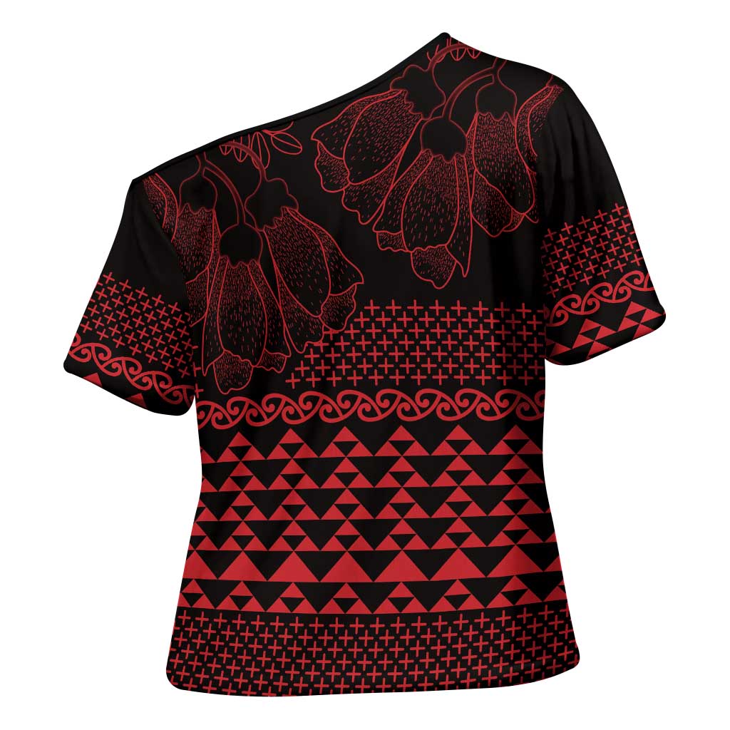 Red Taniko Kowhaiwhai Tukutuku Motif Cross Shoulder Shirt LT9 - Polynesian Pride