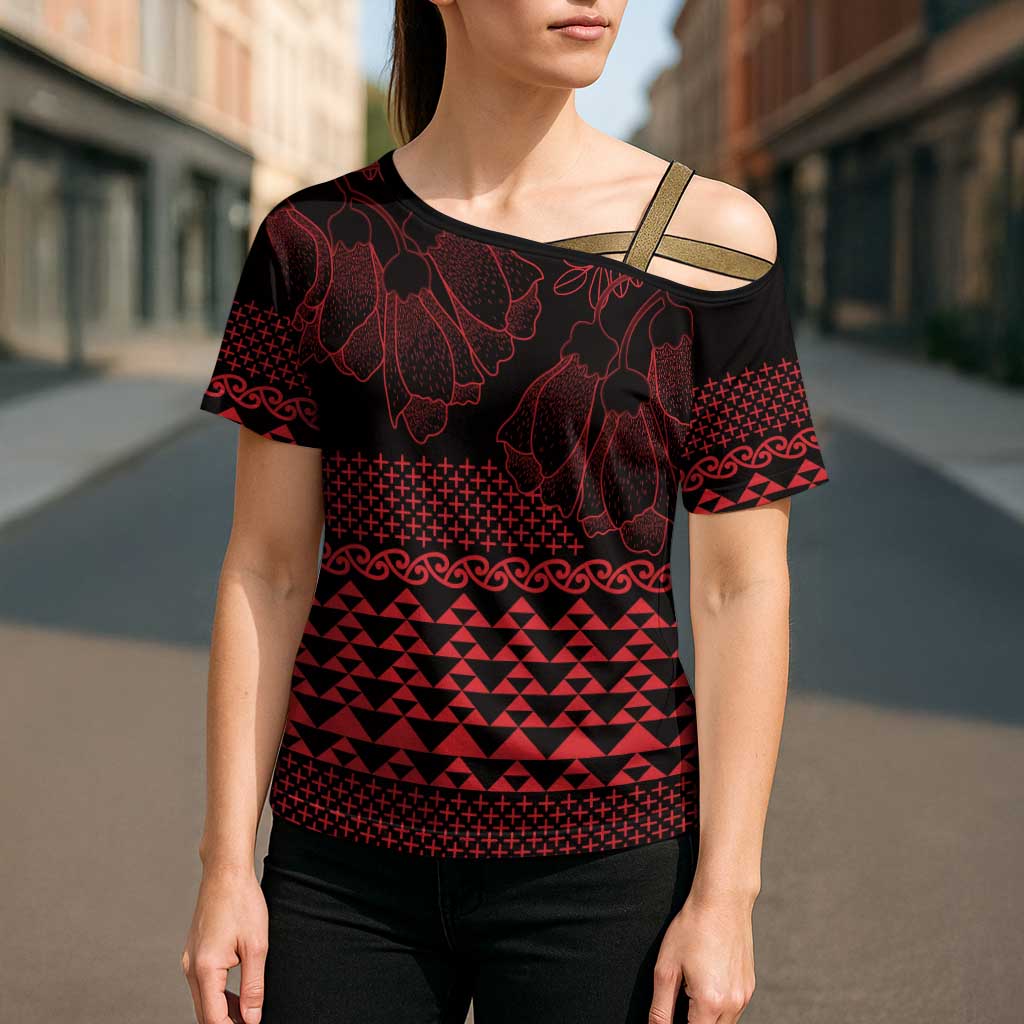 Red Taniko Kowhaiwhai Tukutuku Motif Cross Shoulder Shirt LT9 - Polynesian Pride