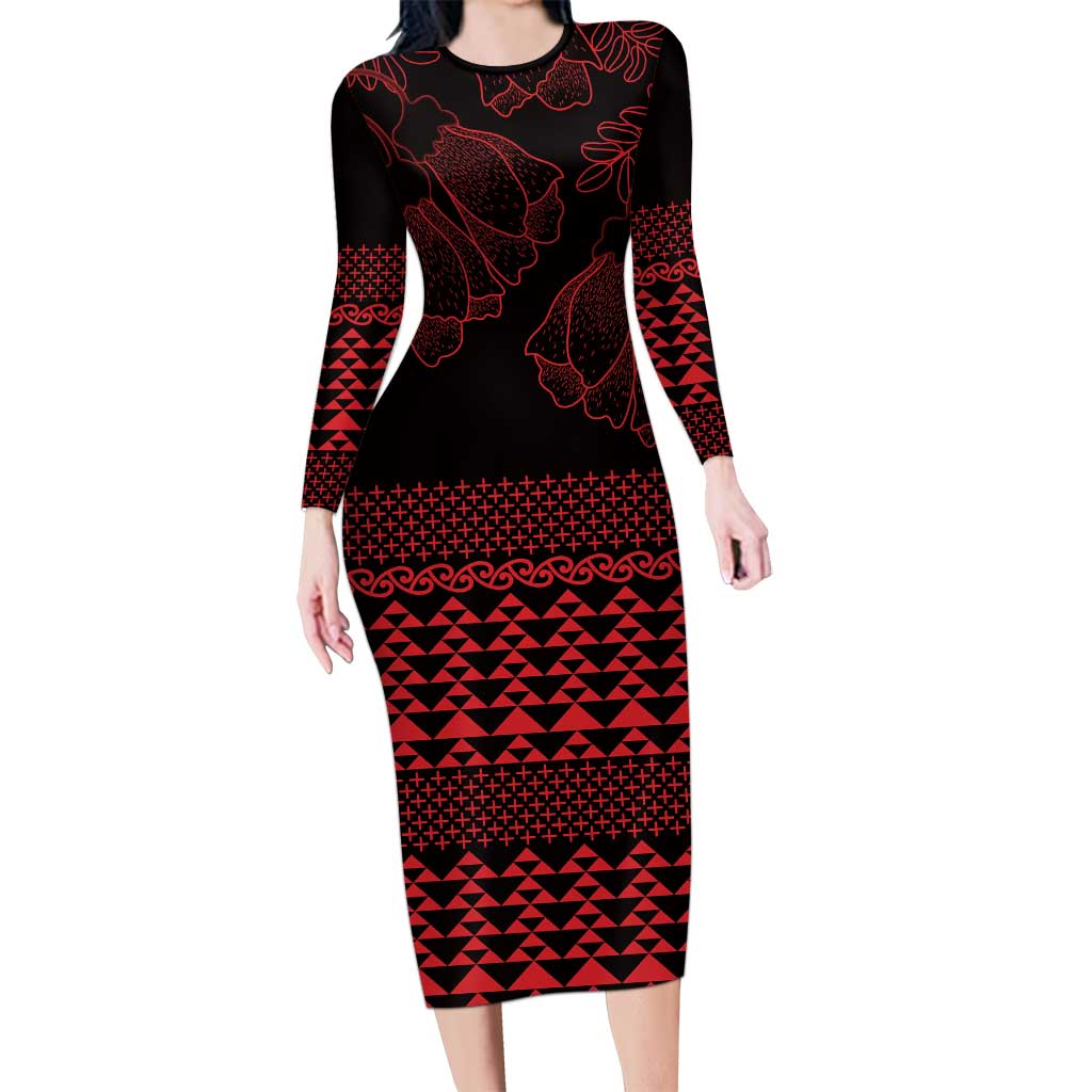 Red Taniko Kowhaiwhai Tukutuku Motif Family Matching Long Sleeve Bodycon Dress and Hawaiian Shirt