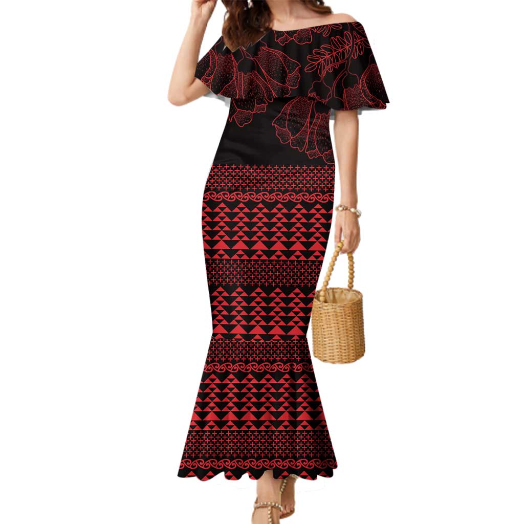 Red Taniko Kowhaiwhai Tukutuku Motif Family Matching Mermaid Dress and Hawaiian Shirt