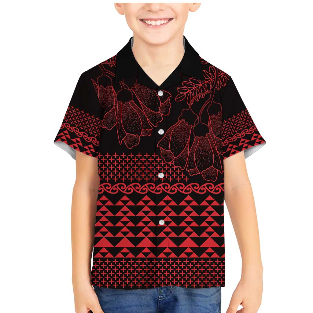 Red Taniko Kowhaiwhai Tukutuku Motif Family Matching Mermaid Dress and Hawaiian Shirt