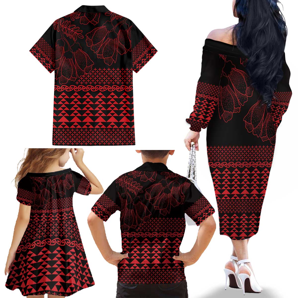 Red Taniko Kowhaiwhai Tukutuku Motif Family Matching Off The Shoulder Long Sleeve Dress and Hawaiian Shirt