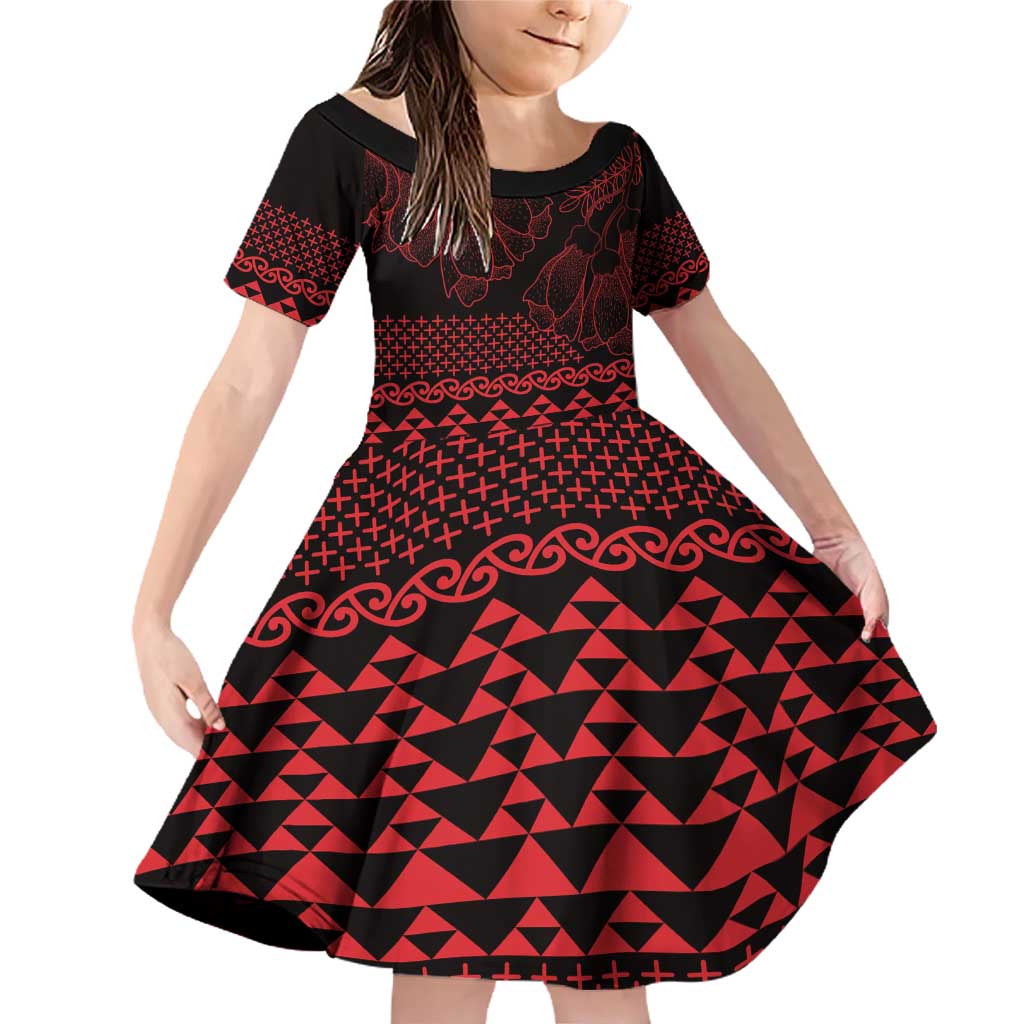 Red Taniko Kowhaiwhai Tukutuku Motif Family Matching Off Shoulder Short Dress and Hawaiian Shirt