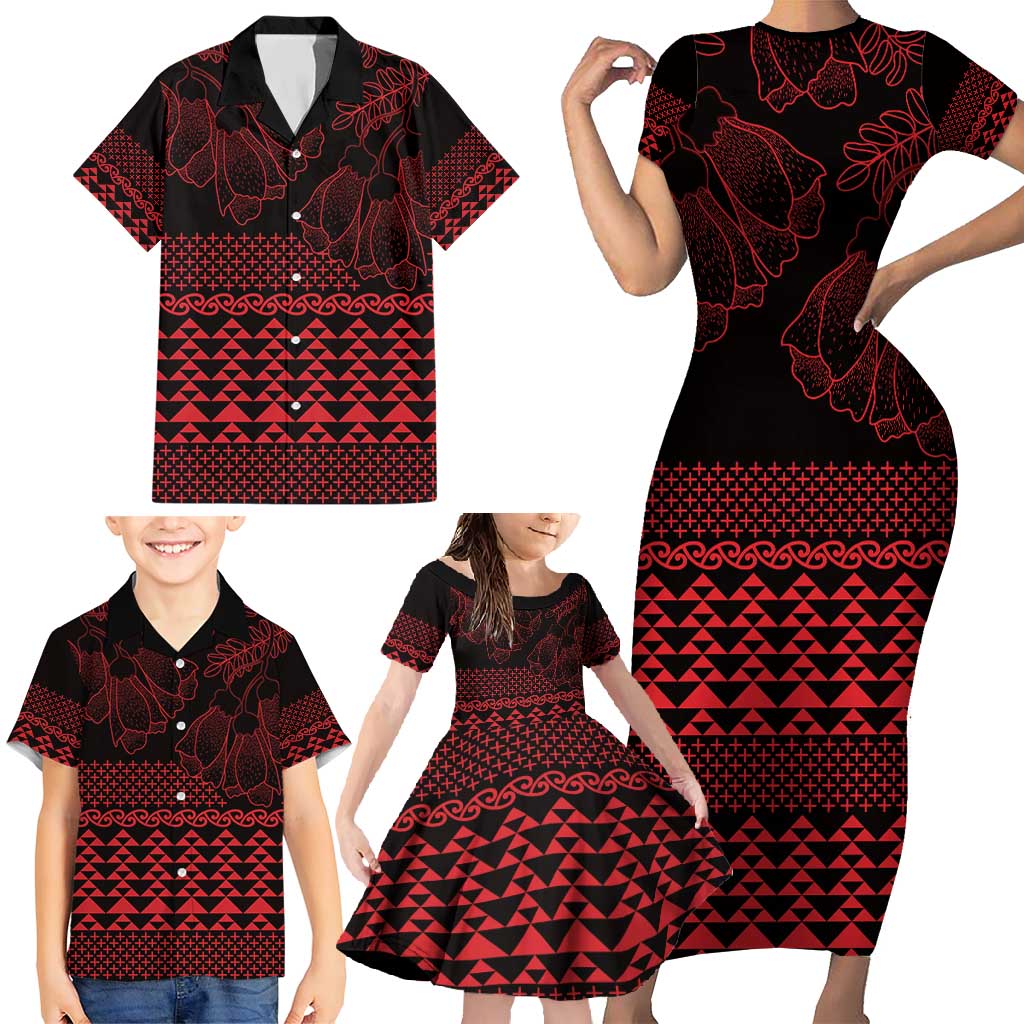 Red Taniko Kowhaiwhai Tukutuku Motif Family Matching Short Sleeve Bodycon Dress and Hawaiian Shirt