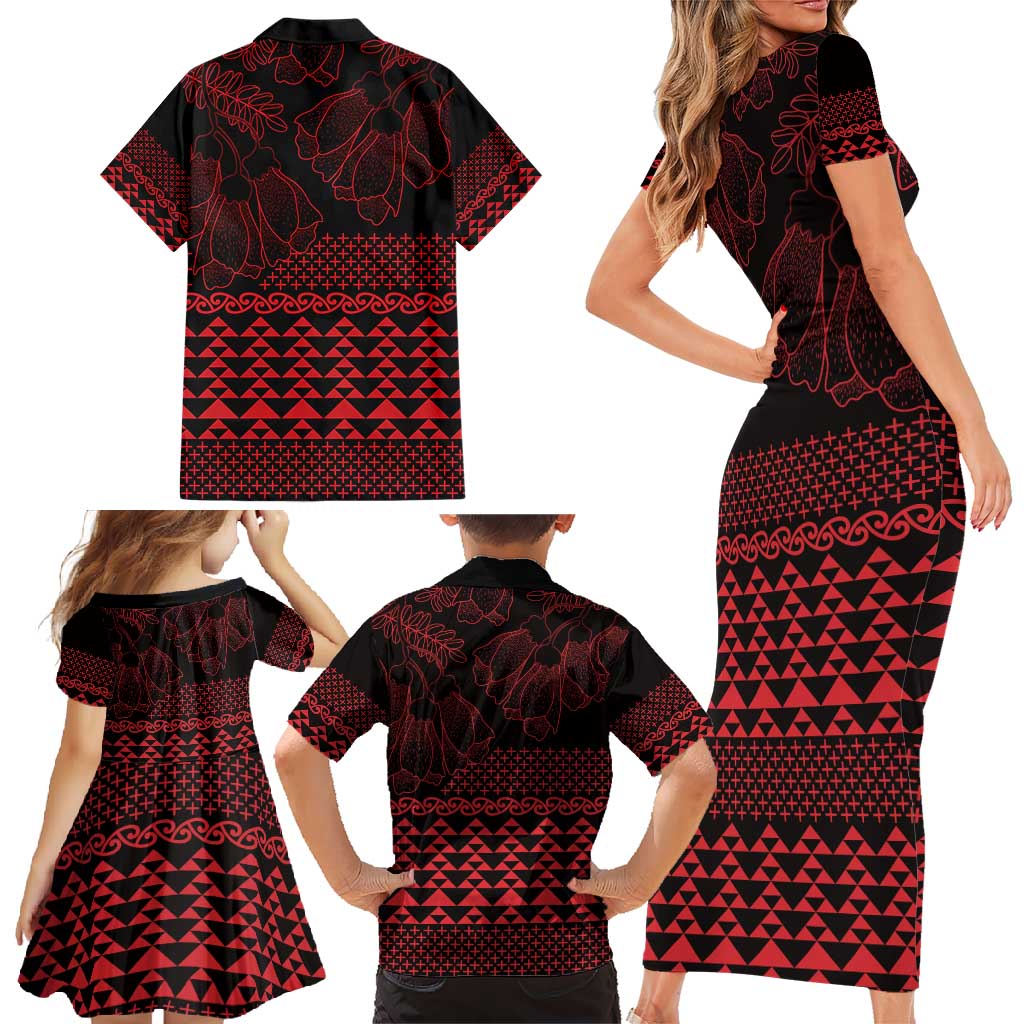 Red Taniko Kowhaiwhai Tukutuku Motif Family Matching Short Sleeve Bodycon Dress and Hawaiian Shirt