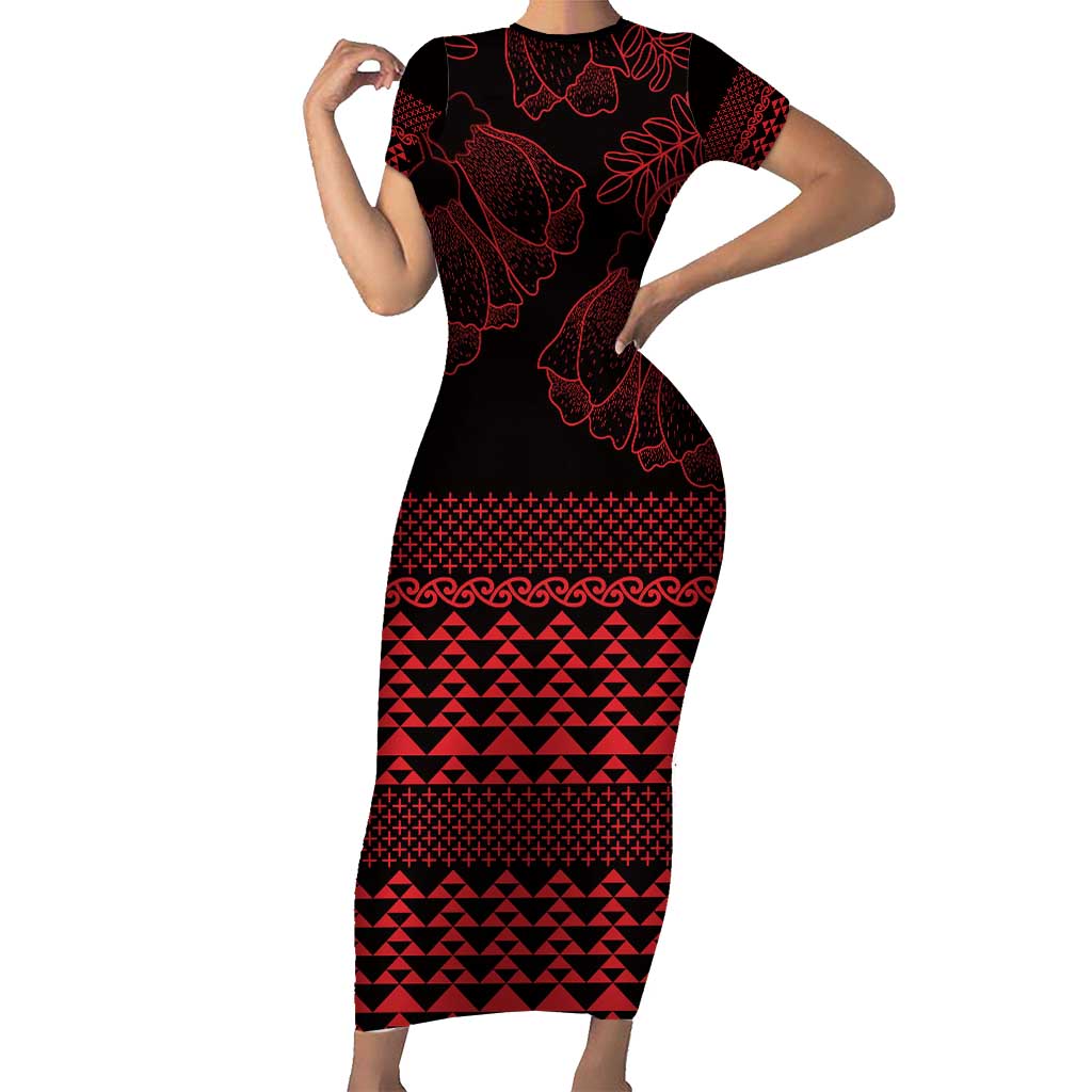 Red Taniko Kowhaiwhai Tukutuku Motif Family Matching Short Sleeve Bodycon Dress and Hawaiian Shirt