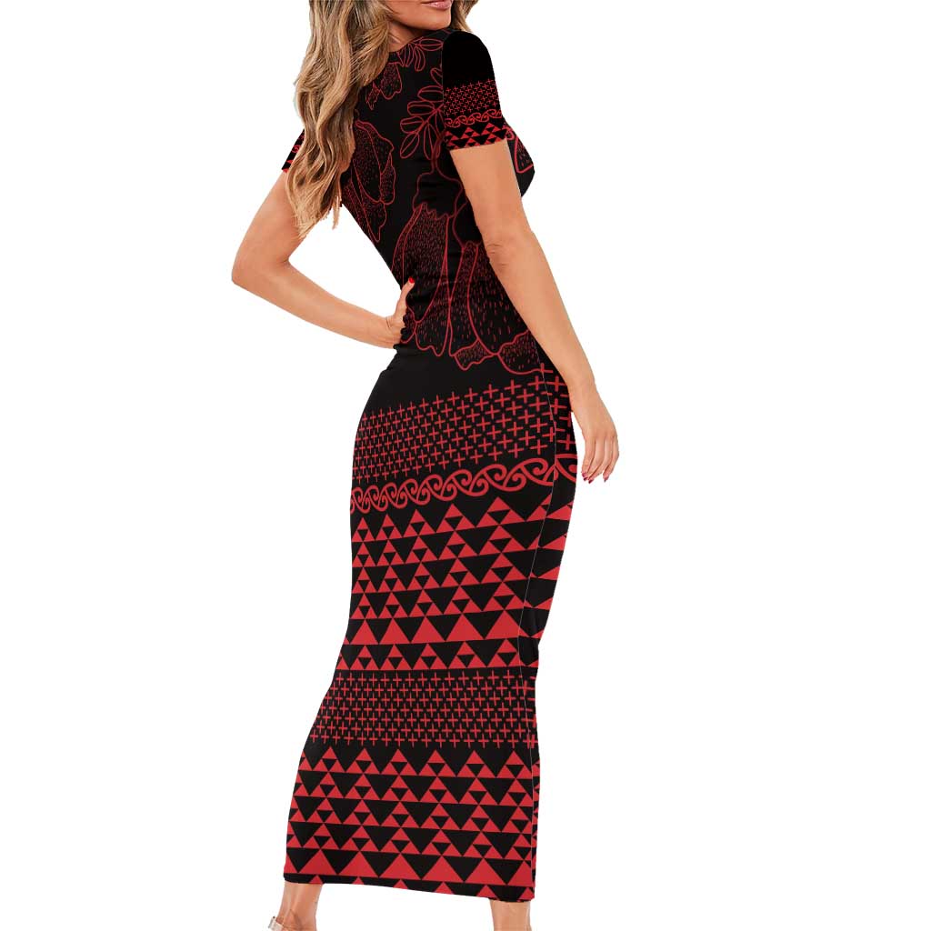 Red Taniko Kowhaiwhai Tukutuku Motif Family Matching Short Sleeve Bodycon Dress and Hawaiian Shirt