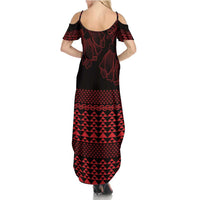 Red Taniko Kowhaiwhai Tukutuku Motif Family Matching Summer Maxi Dress and Hawaiian Shirt