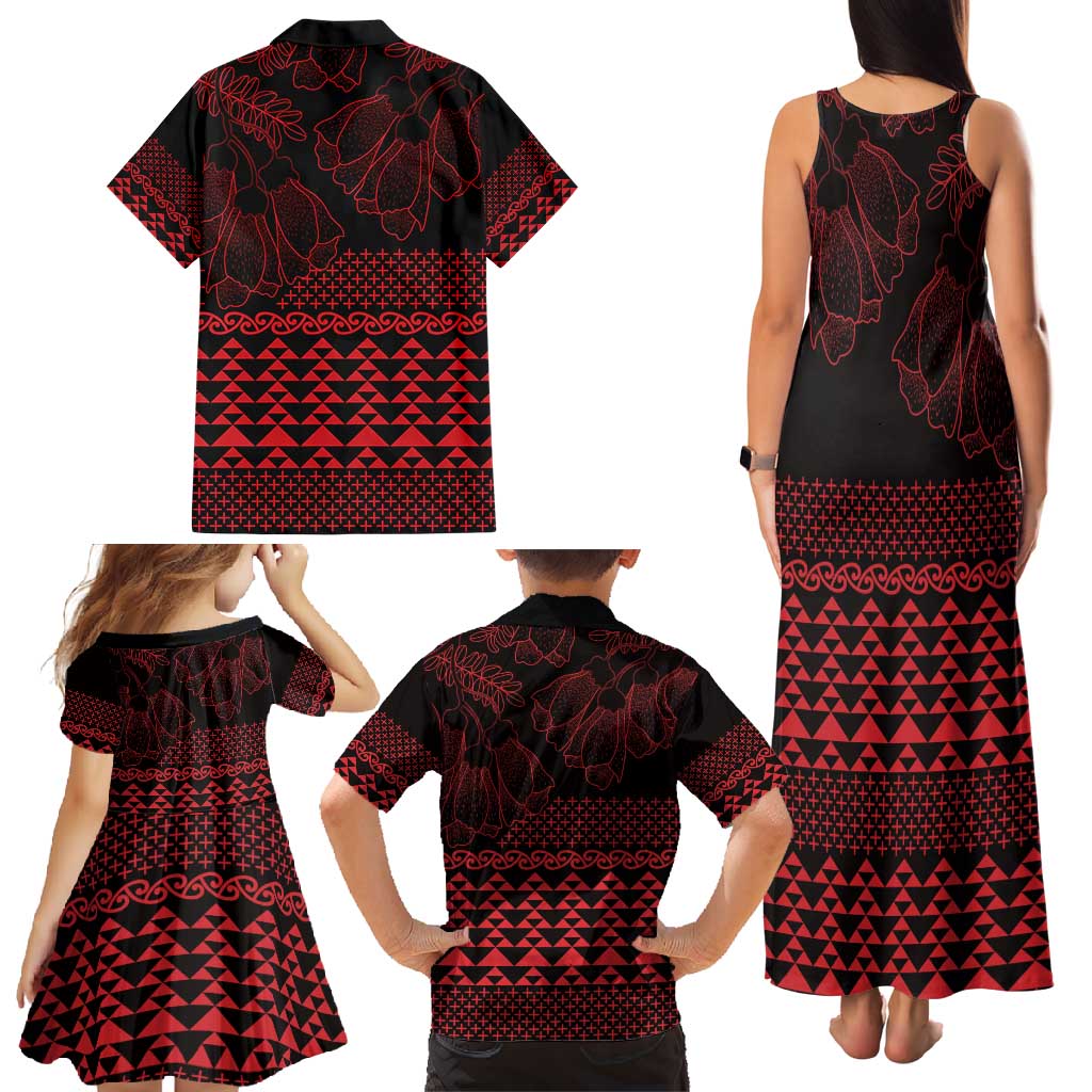 Red Taniko Kowhaiwhai Tukutuku Motif Family Matching Tank Maxi Dress and Hawaiian Shirt