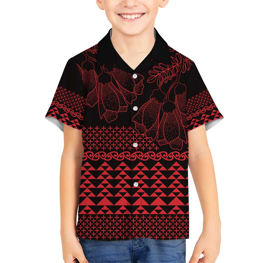 Red Taniko Kowhaiwhai Tukutuku Motif Kid Hawaiian Shirt