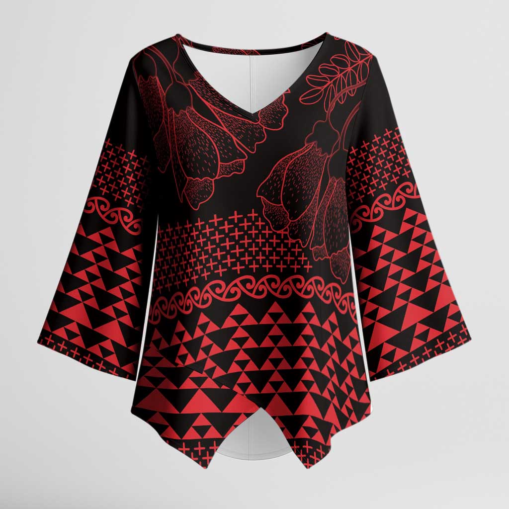 Red Taniko Kowhaiwhai Tukutuku Motif Kimono Sleeve Blouse LT9 Female Red - Polynesian Pride