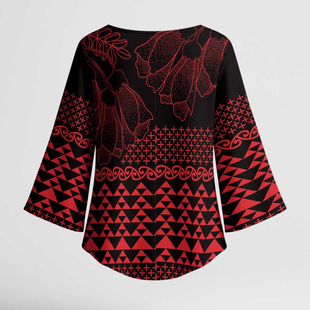 Red Taniko Kowhaiwhai Tukutuku Motif Kimono Sleeve Blouse LT9 - Polynesian Pride