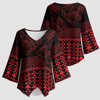 Red Taniko Kowhaiwhai Tukutuku Motif Kimono Sleeve Blouse LT9 - Polynesian Pride
