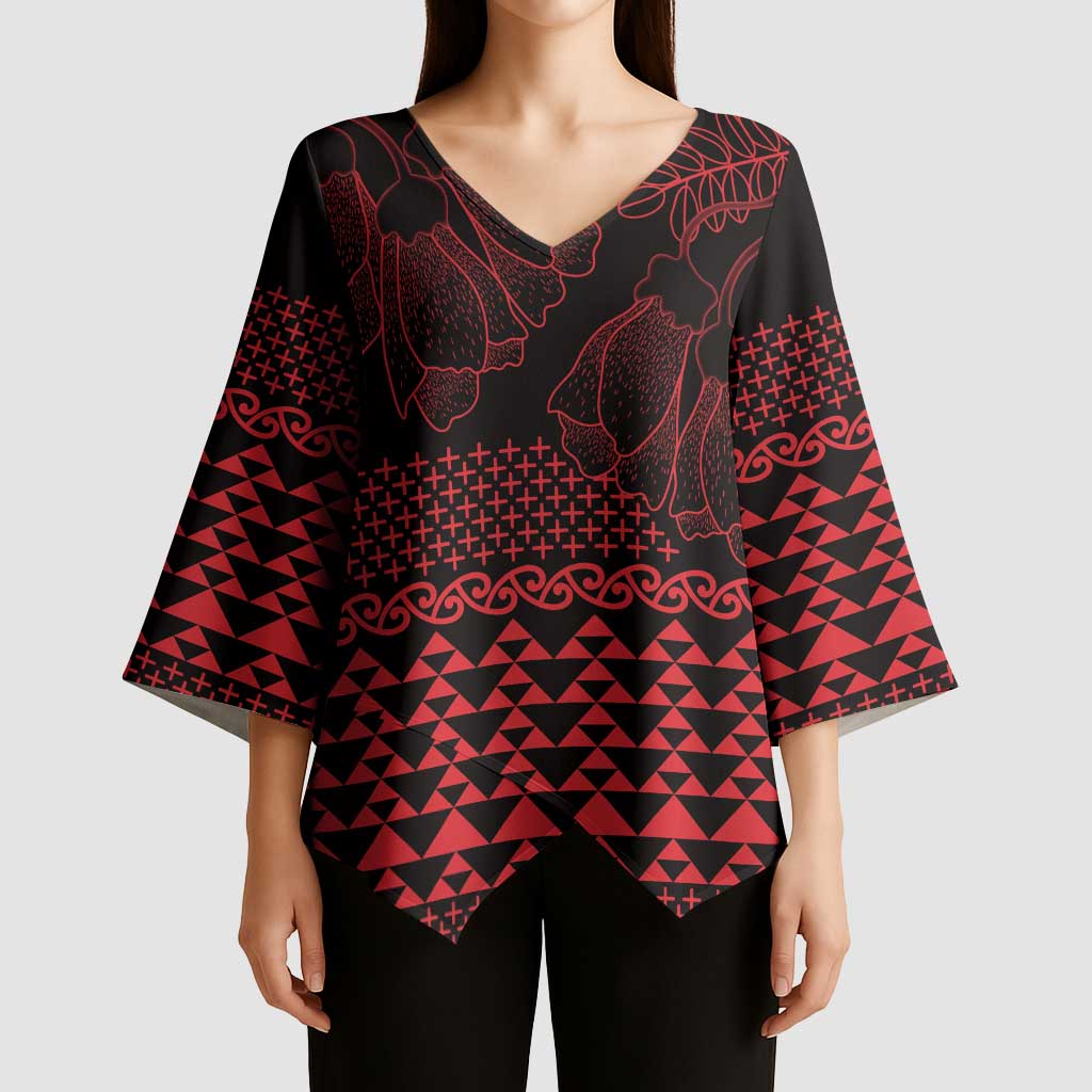 Red Taniko Kowhaiwhai Tukutuku Motif Kimono Sleeve Blouse LT9 - Polynesian Pride