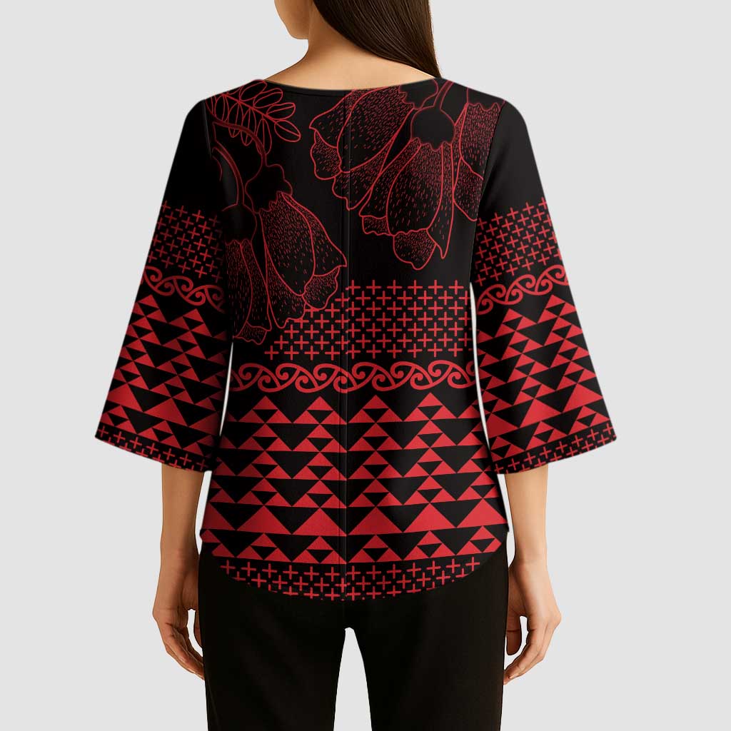 Red Taniko Kowhaiwhai Tukutuku Motif Kimono Sleeve Blouse LT9 - Polynesian Pride