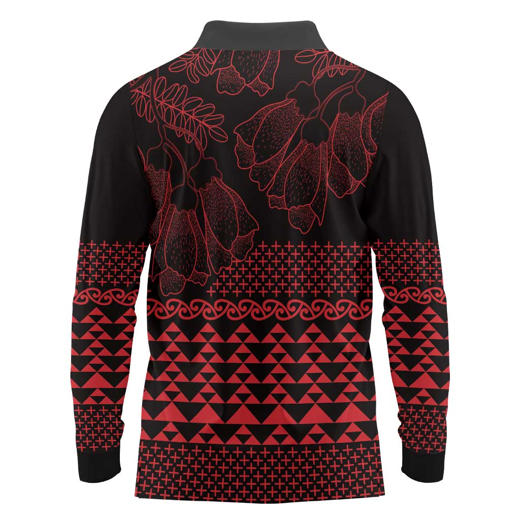 Red Taniko Kowhaiwhai Tukutuku Motif Long Sleeve Polo Shirt LT9 - Polynesian Pride