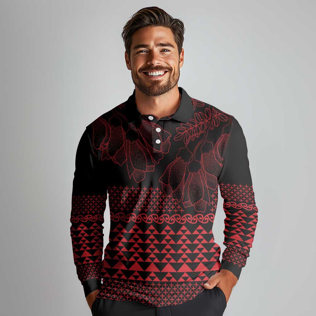 Red Taniko Kowhaiwhai Tukutuku Motif Long Sleeve Polo Shirt LT9 - Polynesian Pride
