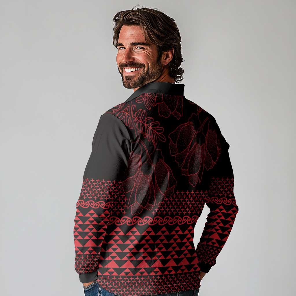 Red Taniko Kowhaiwhai Tukutuku Motif Long Sleeve Polo Shirt LT9 - Polynesian Pride