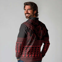 Red Taniko Kowhaiwhai Tukutuku Motif Long Sleeve Polo Shirt LT9 - Polynesian Pride