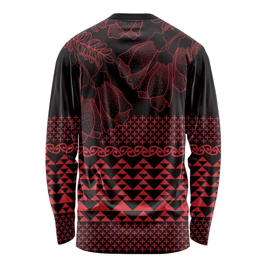 Red Taniko Kowhaiwhai Tukutuku Motif Long Sleeve Shirt LT9 - Polynesian Pride