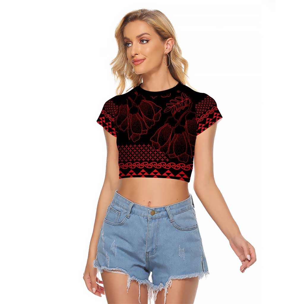 Red Taniko Kowhaiwhai Tukutuku Motif Raglan Cropped T Shirt LT9 Female Red - Polynesian Pride