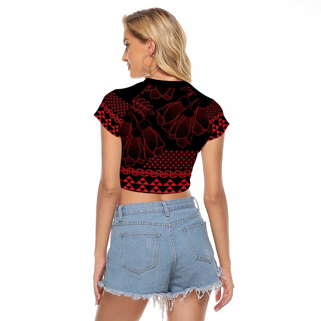 Red Taniko Kowhaiwhai Tukutuku Motif Raglan Cropped T Shirt LT9 - Polynesian Pride