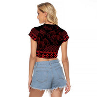 Red Taniko Kowhaiwhai Tukutuku Motif Raglan Cropped T Shirt LT9 - Polynesian Pride