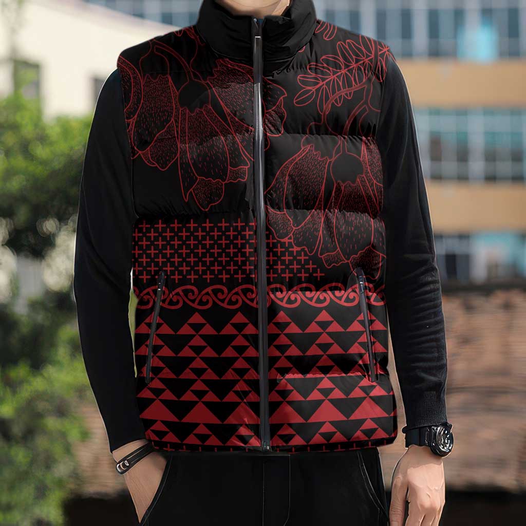 Red Taniko Kowhaiwhai Tukutuku Motif Sleeveless Puffer Jacket LT9 - Polynesian Pride