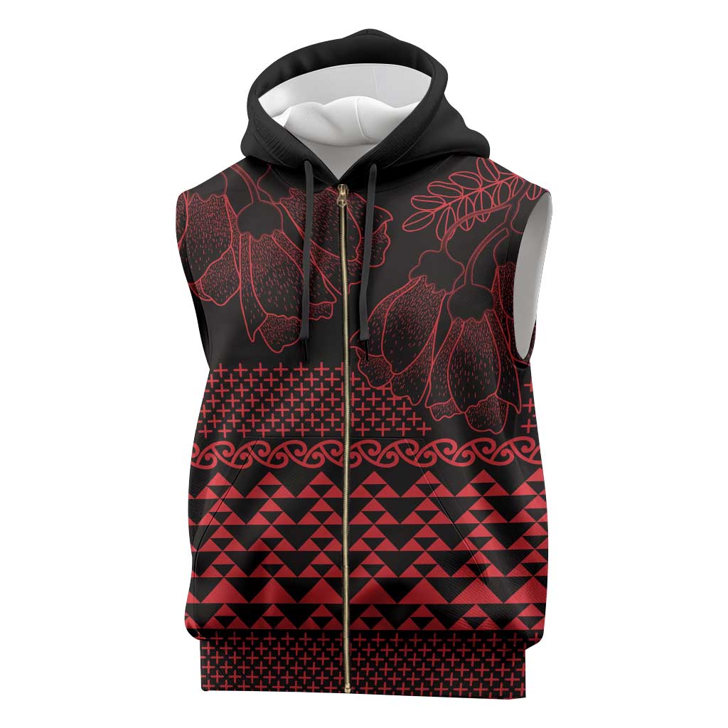 Red Taniko Kowhaiwhai Tukutuku Motif Sleeveless Zip Hoodie - Polynesian Pride