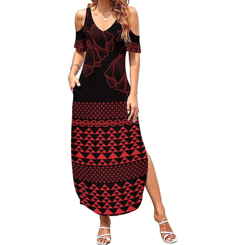 Red Taniko Kowhaiwhai Tukutuku Motif Summer Maxi Dress