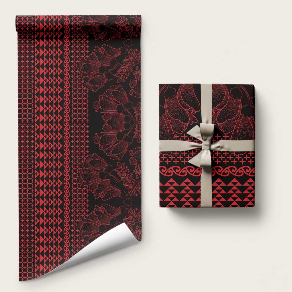Red Taniko Kowhaiwhai Tukutuku Motif Wrapping Paper LT9 58" × 23" Red - Polynesian Pride