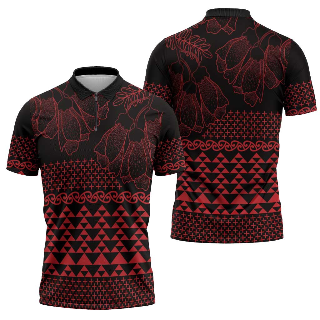 Red Taniko Kowhaiwhai Tukutuku Motif Zipper Polo Shirt LT9 - Polynesian Pride