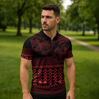 Red Taniko Kowhaiwhai Tukutuku Motif Zipper Polo Shirt LT9 - Polynesian Pride