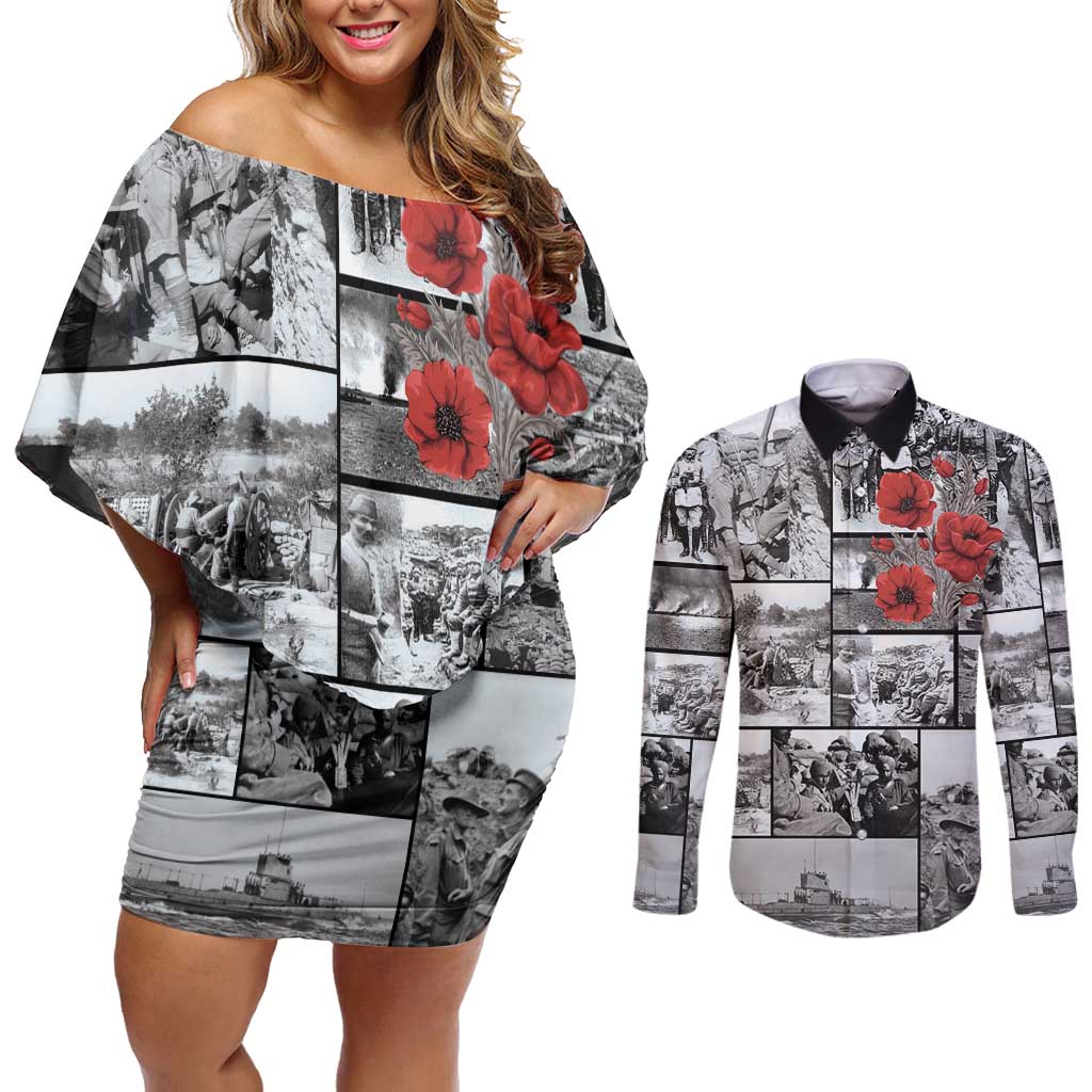 ANZAC Day Gallipoli Campaign Couples Matching Off Shoulder Short Dress and Long Sleeve Button Shirt To The End They Remain LT9 Black - Polynesian Pride