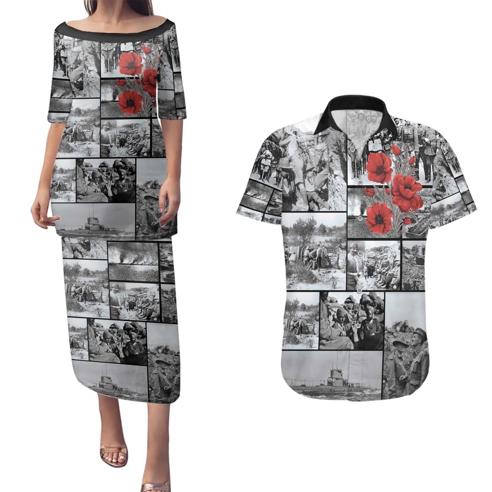 ANZAC Day Gallipoli Campaign Couples Matching Puletasi and Hawaiian Shirt To The End They Remain LT9 Black - Polynesian Pride